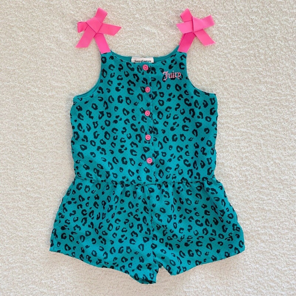 Juicy Couture Girls Romper Size 4t Teal Blue Leopard Cheetah Animal Print Pink